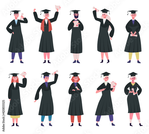 Graduated students. College graduates wearing traditional caps and academic robe. Happy students with education certificates vector illustration set