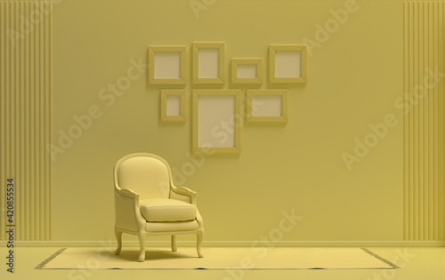 Mock-up poster gallery wall with 7 frames in solid pastel light yellow room with single chair, without plant, 3d Rendering