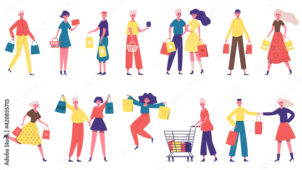 Shopping characters. Men and women carrying shopping bags, shopaholic people in market or boutique store. Happy buyers characters vector illustration set