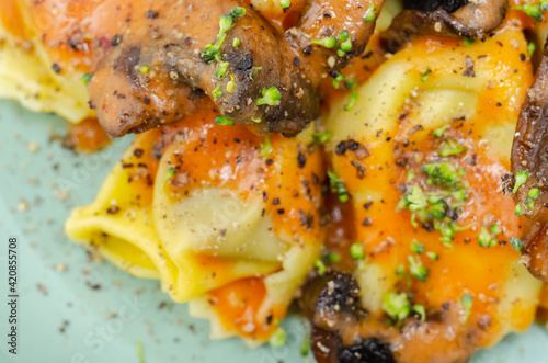 Close-up on fresh egg pasta with ricotta cheese and porcini mushrooms paste filling, delicious tortelloni