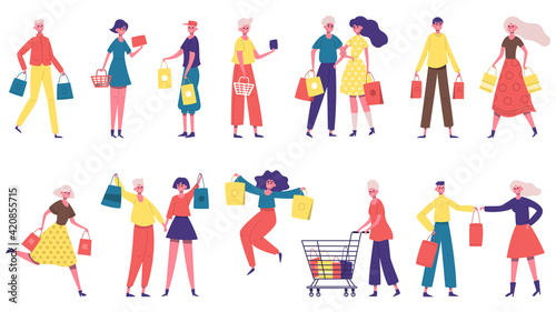 Shopping characters. Men and women carrying shopping bags, shopaholic people in market or boutique store. Happy buyers characters vector illustration set