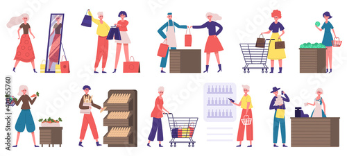 Supermarket grocery shopping. Buyers in grocery store or supermarket, food market shopping. People doing grocery purchases vector illustration set