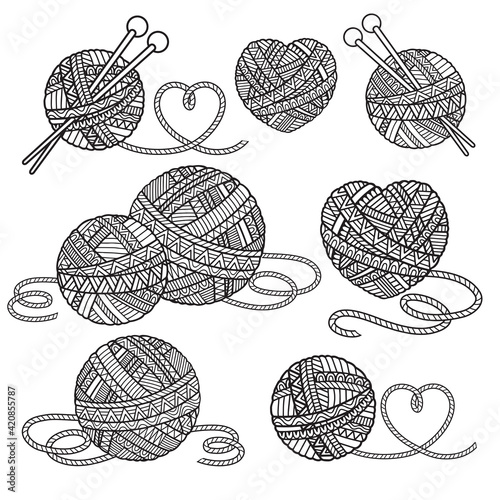 Vector coloring book for adults. Balls of yarn, wool for knitting in the style of a mandala. Black contour image on a white background.