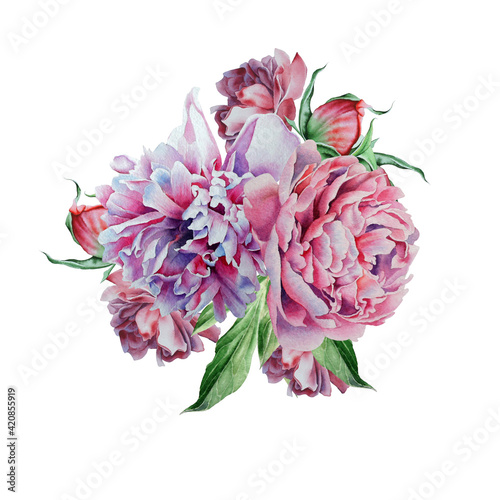 Watercolor bouquet with peony. Hand drawn.