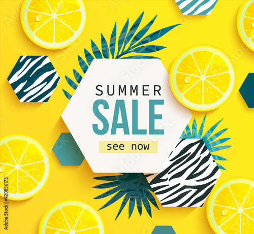 Summer sale banner with lemon, tropical leaves and hexagons with animal zebra print. Bright tasty poster, flyer with invitation for shopping. Template offer of big discounts deals in stores.Vector