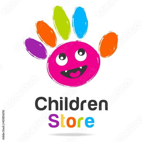 Kids logo art bright colorful paint print of the palm of baby hand with fingers.Design templates creative children's sign,symbol kindergarten,toys shop,kid clothing store,art school,kids play icon.
