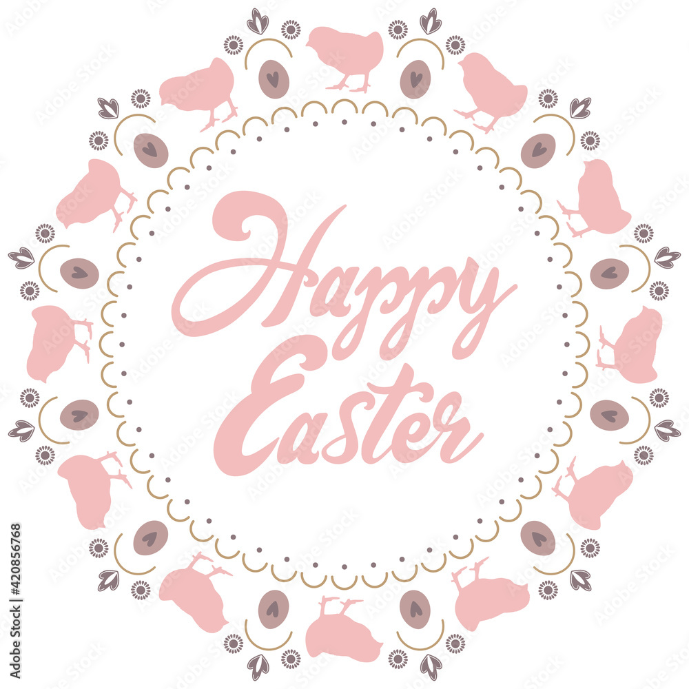 Greeting Card with Text Happy Easter. Mandala with chickens eggs and flowers