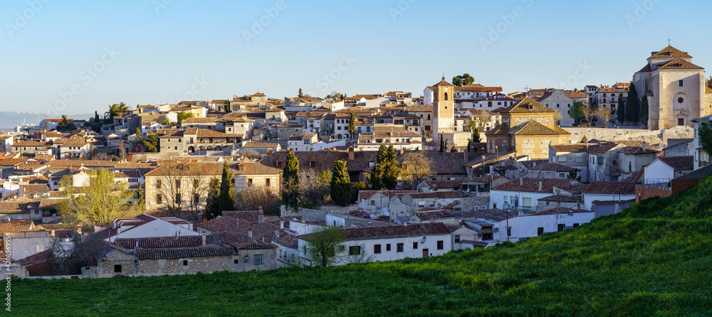 Panoramic of old medieval town in Madrid called chinchon, old houses, squares and churches.