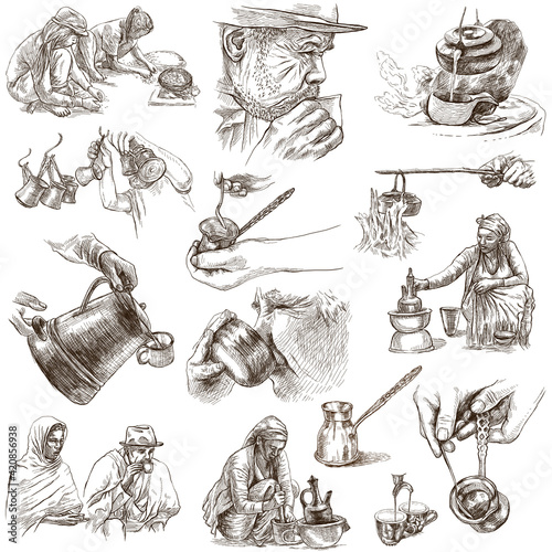 Coffee harvesting and processing. Agriculture. An hand drawn illustration.