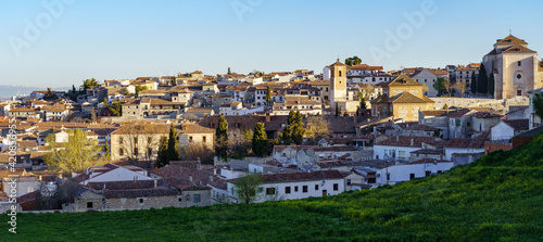 Panoramic of old medieval town in Madrid called chinchon, old houses, squares and churches.