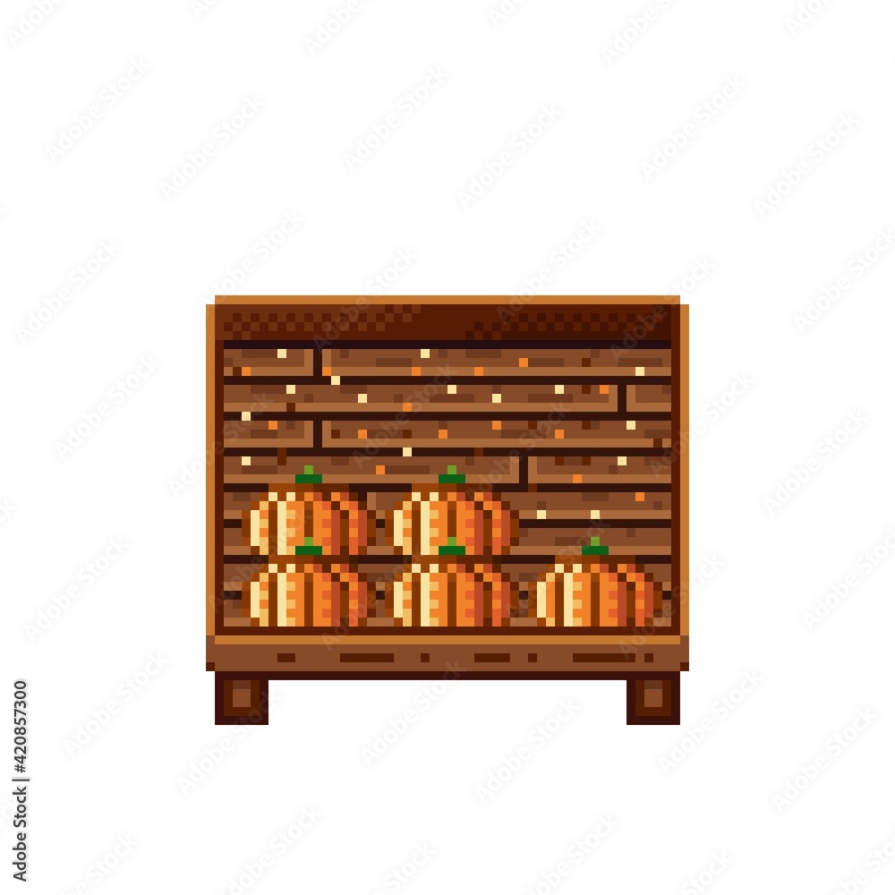 Vegetable shop pixel art. Pumpkin in a wooden crate. Pumpkins, food pixel art icon isolated on white background. Pumpkins stall. Showcase with vegetable waste. Vector illustration. Happy Halloween. Vegetable shop pixel art. Pumpkin in a wooden crate. Pumpkins, food pixel art icon isolated on white background. Pumpkins stall. Showcase with vegetable waste. Vector illustration. Happy Halloween.