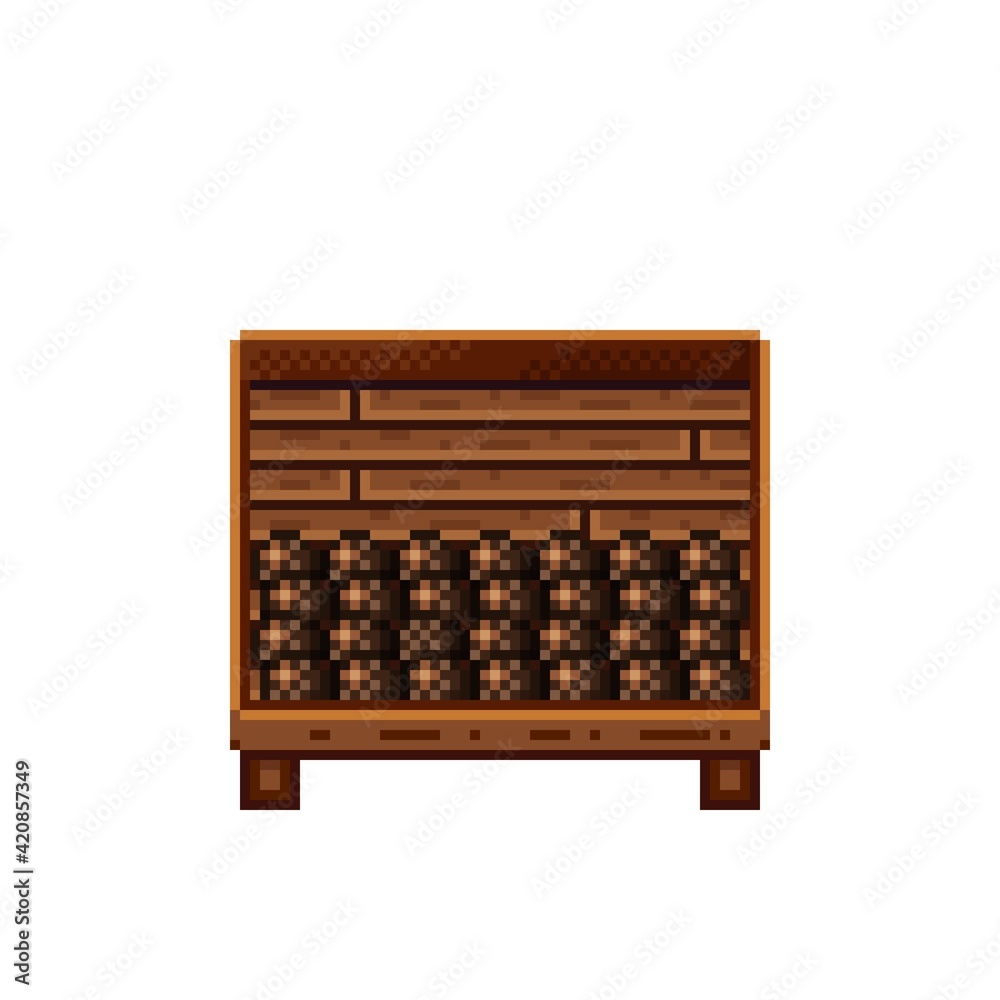 Fruit shop pixel art. Coconuts in a wooden crate. Coconut, food pixel art icon isolated on white background. Fruit stall. Showcase with Fruit waste. Vector illustration. Coconuts pixel art. Fruit shop pixel art. Coconuts in a wooden crate. Coconut, food pixel art icon isolated on white background. Fruit stall. Showcase with Fruit waste. Vector illustration. Coconuts pixel art.