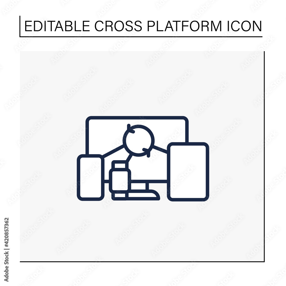 Cross device syncing line icon.Synchronizing all information in different devices. Connecting to devices. All devices work together. Digitalization concept.Isolated vector illustration.Editable stroke Cross device syncing line icon.Synchronizing all information in different devices. Connecting to devices. All devices work together. Digitalization concept.Isolated vector illustration.Editable stroke