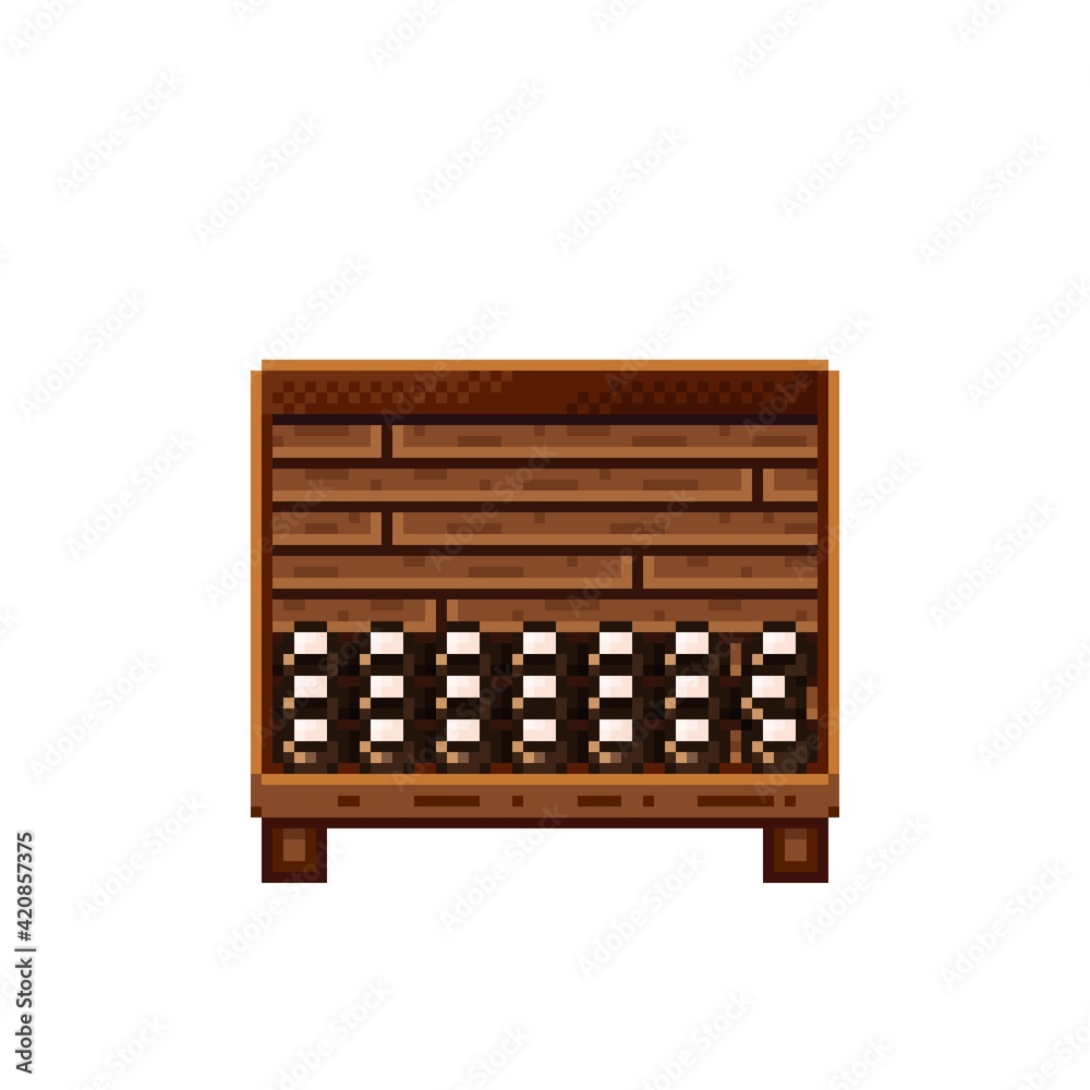 Fruit shop pixel art. Coconuts in a wooden crate. Coconut, food pixel art icon isolated on white background. Fruit stall. Showcase with Fruit waste. Vector illustration. Coconuts pixel art. Fruit shop pixel art. Coconuts in a wooden crate. Coconut, food pixel art icon isolated on white background. Fruit stall. Showcase with Fruit waste. Vector illustration. Coconuts pixel art.