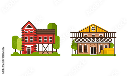 Country and Village House and Building Rested on Green Lawn Vector Set