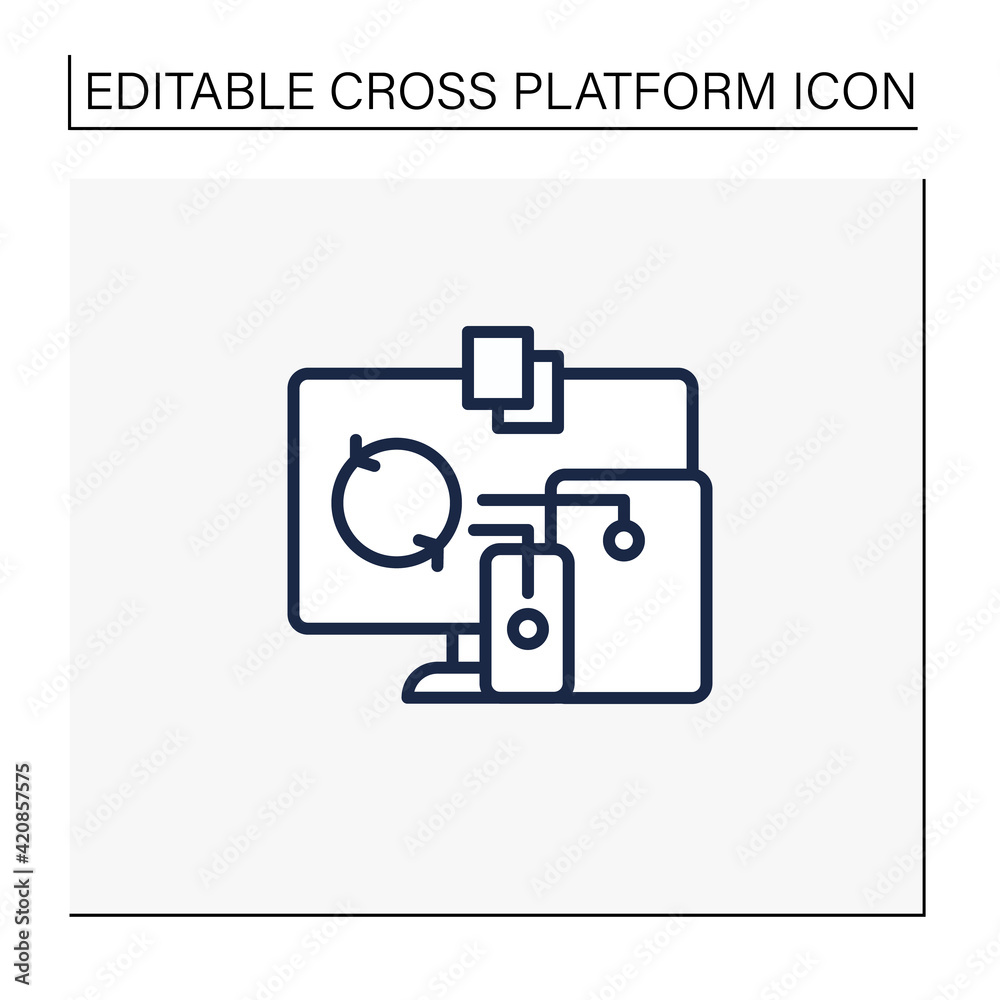 Files syncing line icon. Synchronizing all documents in different devices. Connecting to different devices. Laptop, phone. Digitalization concept. Isolated vector illustration.Editable stroke Files syncing line icon. Synchronizing all documents in different devices. Connecting to different devices. Laptop, phone. Digitalization concept. Isolated vector illustration.Editable stroke