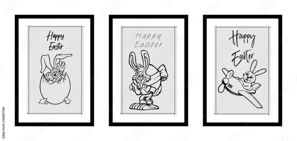Three different design minimalist poster for happy easter in black frame with eggs,nest,rabbit, typography - vector
