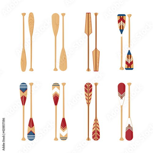 Canoe oars set in flat style, vector