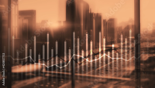 Histogram and lines economic chart on modern architecture background © Funtap