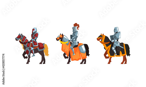 Armored Medieval Knight or Cavalryman Sitting on Horseback Vector Set