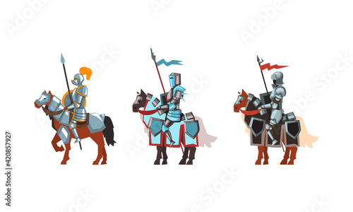 Armored Medieval Knight or Cavalryman Sitting on Horseback Holding Lance Vector Set