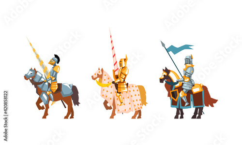 Armored Medieval Knight or Cavalryman Sitting on Horseback Holding Lance Vector Set