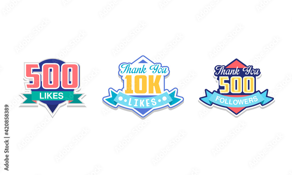 Likes and Followers Badges with Thank You Words as Celebration for Social Media Fans or Subscribers Vector Set