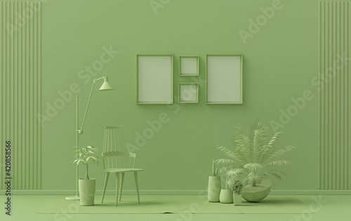Single color monochrome light green color interior room with furnitures and plants, 4 poster frames on the wall, 3D rendering