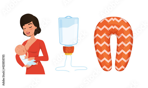 Young Mom Feeding Her Newborn Baby and Breastfeeding Items Vector Set