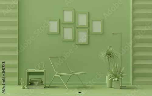 Poster frame background room in flat light green color with 6 frames on the wall, solid monochrome background for gallery wall mockup, 3d rendering