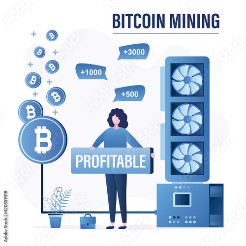 Female trader or miner with placard - profitable. Bitcoin mining farm. Videochip earn crypto currency. photo
