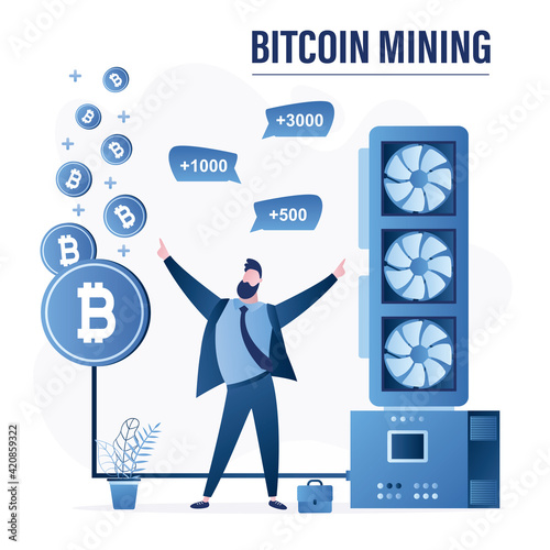 Happy trader or miner with profit. Bitcoin mining farm. Videochip earn crypto currency. Mining Cryptocurrency. photo
