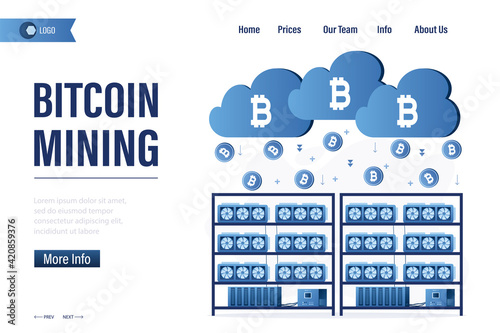 Technology of Industrial mining cryptocurrency. Bitcoin mining, landing page template. Distributed cloud computing.