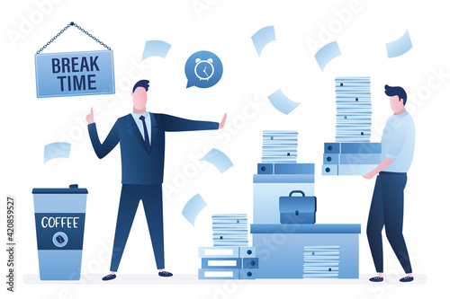 Coffee break time. Office paper work, businessman with huge heap of files, folders. Colleague carries stack of documents.