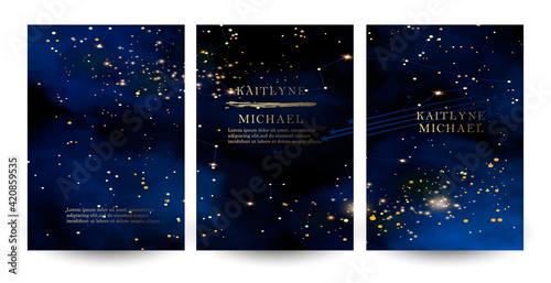 Magic night dark blue sky with sparkling stars vector wedding invitation. Andromeda galaxy.