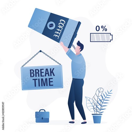 Coffee break time, concept banner. Tired worker drink coffee from big cup. Male office worker with low battery charge.