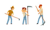 Young Man Farmer Working in the Field with Scythe and Rake Vector Set