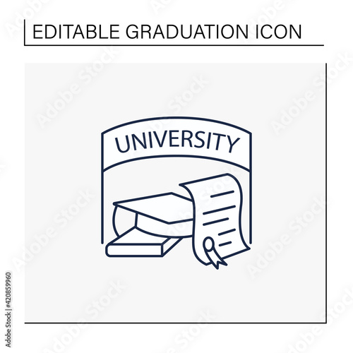 University graduation line icon. Successful training completion. Books and graduate hat. Diploma.Masters degree. Graduation concept.Isolated vector illustration.Editable stroke