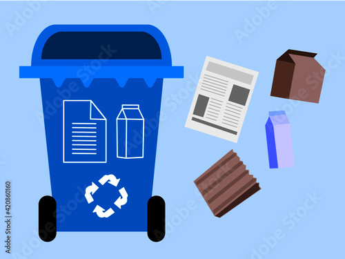 Blue trash can where you put any type of paper or cardboard trash, to be able to recycle
