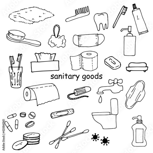 set of vector drawings in the style of doodle. sanitary items, hygiene, cleanliness, body care. cotton swabs, toilet paper, pads, tampons, soap and other household items