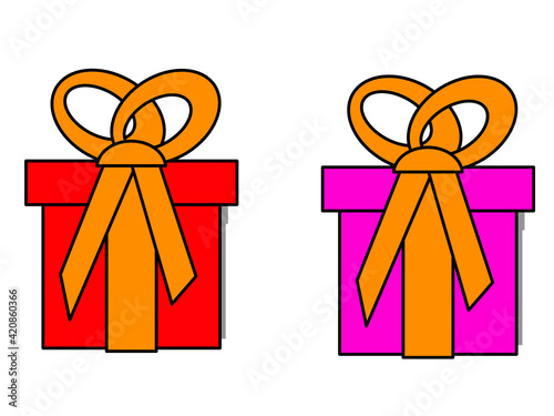 Red gift box or present with a yellow bow on a white background	
