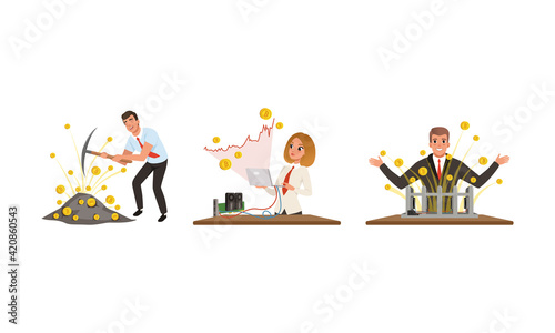 Business Man and Woman Character Extracting Cryptocurrency with Pickaxe Getting Golden Bitcoins Vector Set