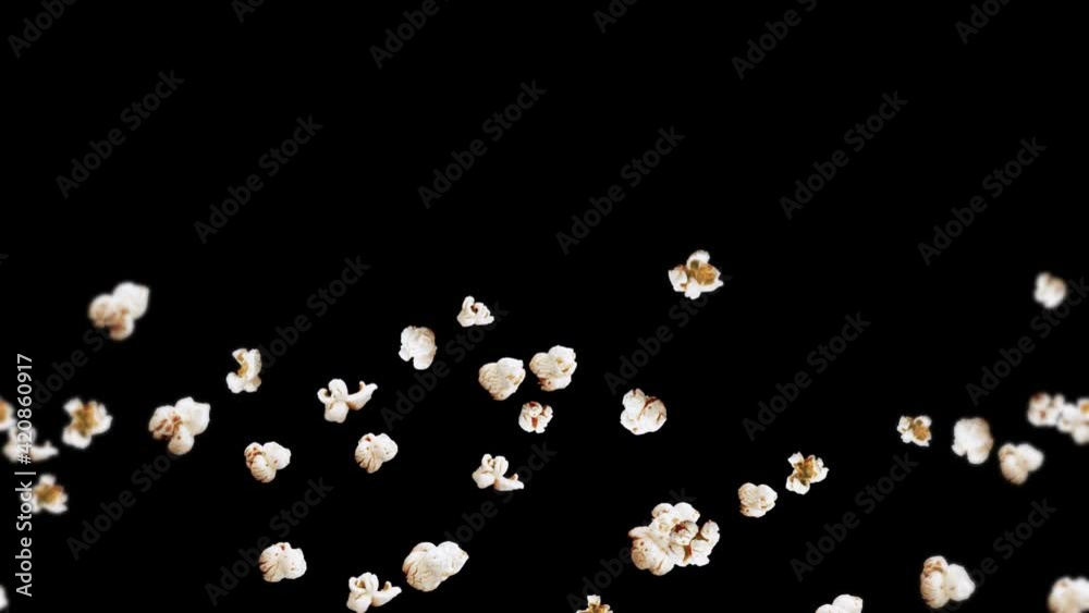 Flying many popcorns on black background. White salty popcorn. Healthy food. Corn seed. 3D loop animation of popcorn rotating. Flying many popcorns on black background. White salty popcorn. Healthy food. Corn seed. 3D loop animation of popcorn rotating.