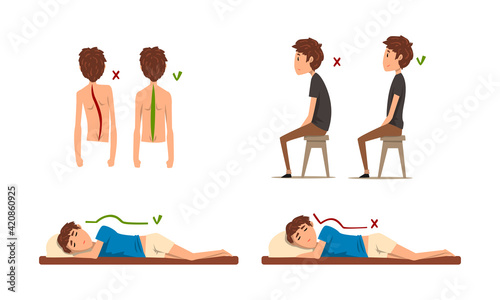 Teen Boy Demonstrating Wrong and Correct Spine Posture Vector Set