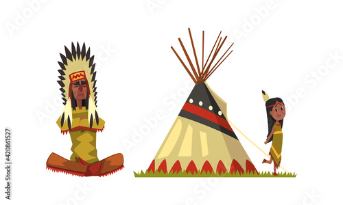 Native American Indians in Traditional Ethnic Clothes with Feathers in Their Head Vector Set