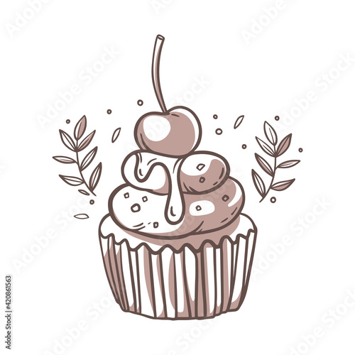 Cream cupcake with cherry and jam. A beautiful confection. Festive pastries, sweets. Elegant line drawing, abstract spots. Postcard with cake, banner design. Vector illustration in a hand-drawn style