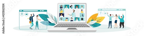 Online Virtual Meetings. Work from Home WFH During Coronavirus COVID-19 Pandemic Outbreak. Teleconference TV. Video Conference Webinars or Remote Working. Vector.