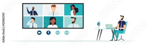 Online Virtual Meetings. Work from Home WFH During Coronavirus COVID-19 Pandemic Outbreak. Teleconference TV. Video Conference Webinars or Remote Working. Vector.