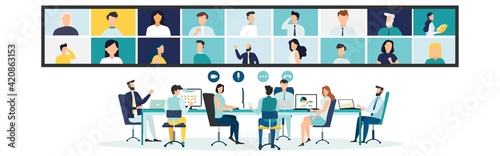 Online Virtual Meetings. Work from Home WFH During Coronavirus COVID-19 Pandemic Outbreak. Teleconference TV. Video Conference Webinars or Remote Working. Vector.
