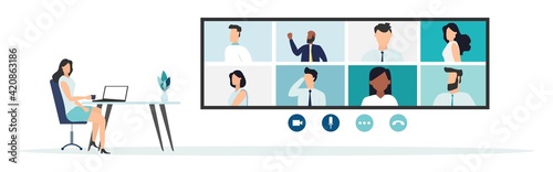 Online Virtual Meetings. Work from Home WFH During Coronavirus COVID-19 Pandemic Outbreak. Teleconference TV. Video Conference Webinars or Remote Working. Vector.